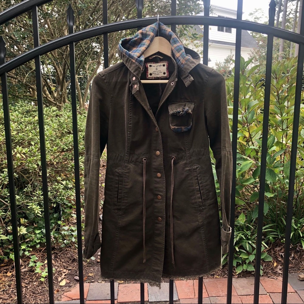 Free People Green Hooded Military Long Jacket 0